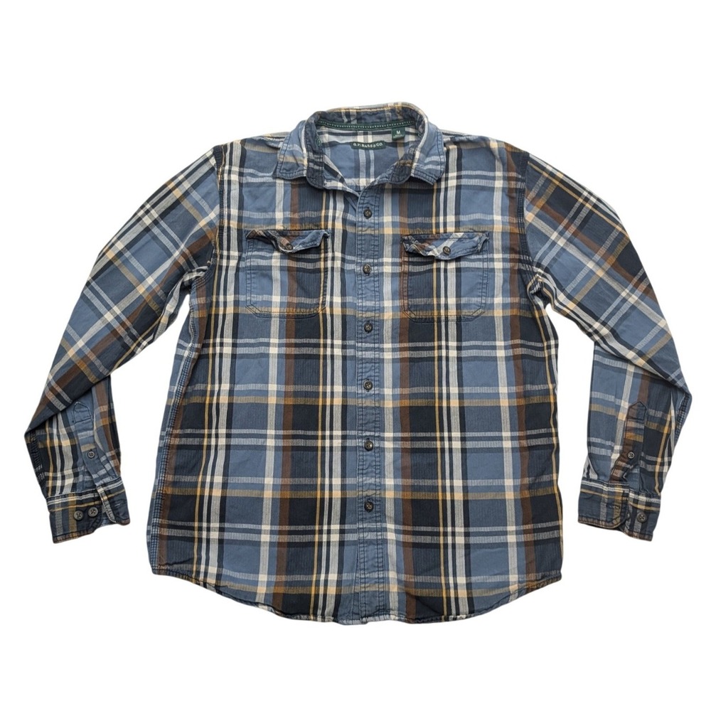 GH Bass & Co Plaid Button Down Mens Medium Blue Herringbone Flannel Style Shirt
